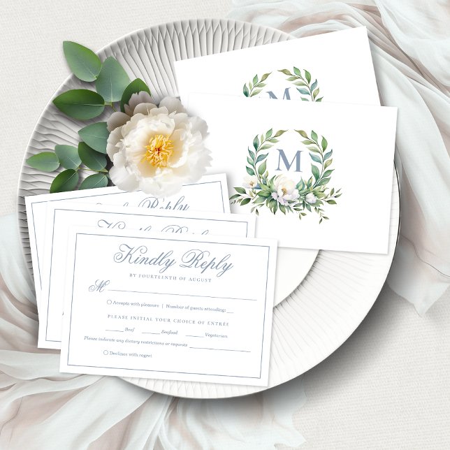 Formal Elegant Blue Floral Crest Monogram Wedding  RSVP Card (Creator Uploaded)