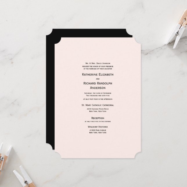 Formal & Elegant Blush & Black Ticket Wedding  Invitation (Front/Back In Situ)