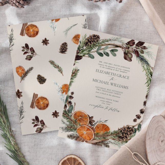 Formal Elegant Boho Greenery Citrus Winter Wedding Invitation (Easily personalize this formal bohemian citrus invitation for the perfect fall or winter wedding)