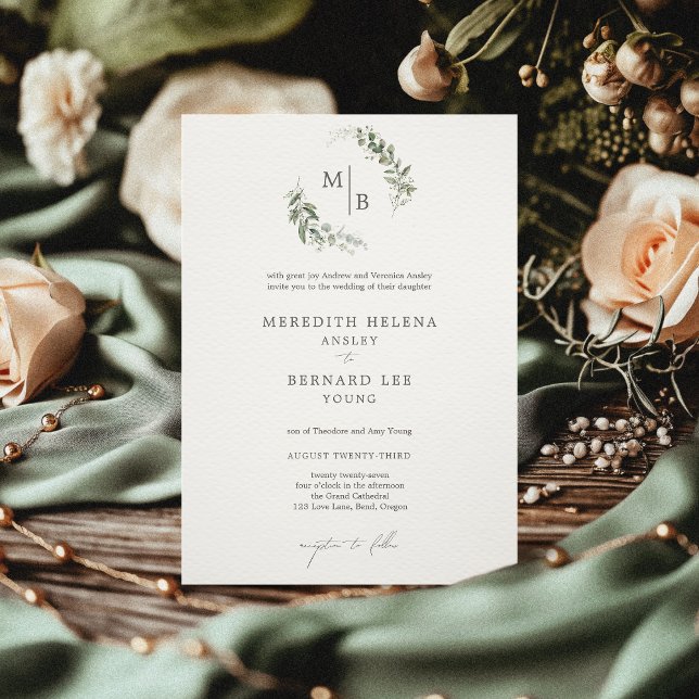 Formal Elegant Botanical Monogram Wedding Invitation (Creator Uploaded)