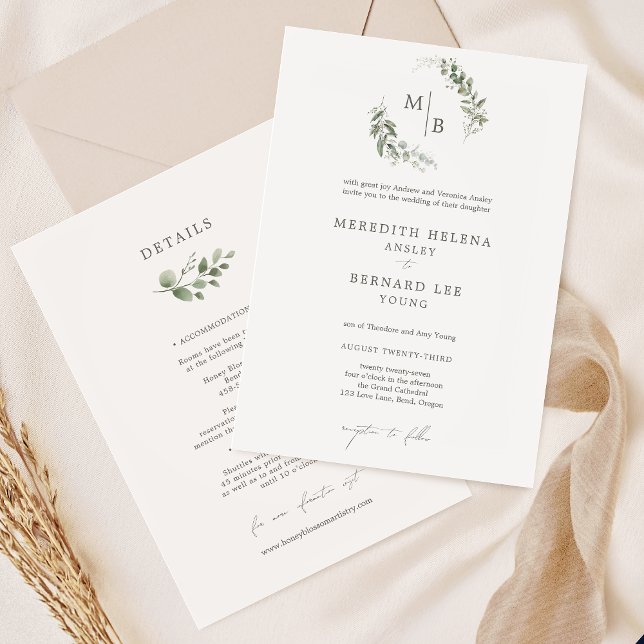 Formal Elegant Botanical Wedding Monogram Details  Invitation (Creator Uploaded)
