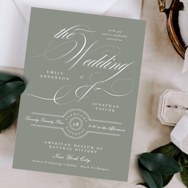 Formal Elegant Calligraphy Grey Green Wedding Invitation (Creator Uploaded)