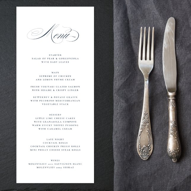 Formal Elegant Calligraphy Navy Blue Wedding Menu (Creator Uploaded)