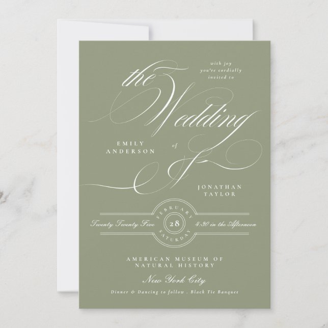 Formal Elegant Calligraphy Sage Green Wedding Invitation (Front)