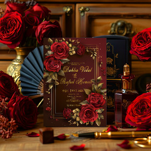Formal Elegant Dark Burgundy & Gold Rose Wedding Invitation