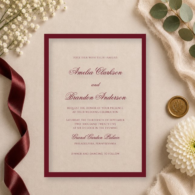 Formal Elegant Deep Burgundy Border Script Wedding Acrylic Invitations (Creator Uploaded)