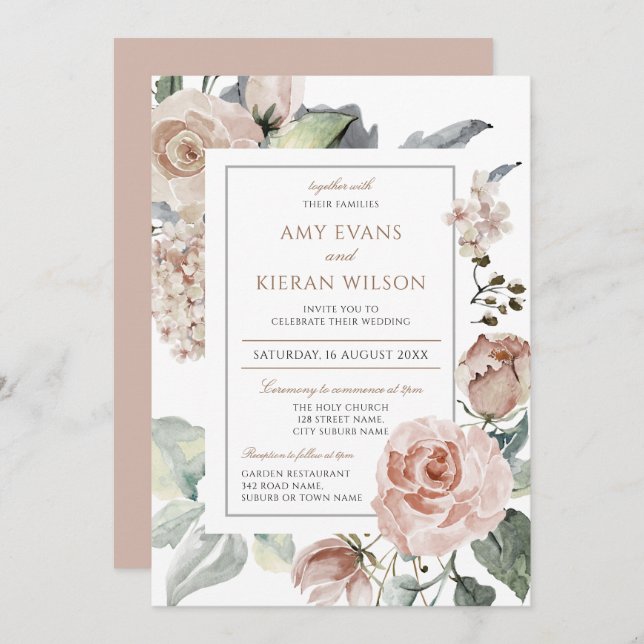 Formal Elegant Floral Dusty Pink Wedding Invitation (Front/Back)