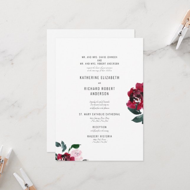 Formal Elegant Pink & Red Rose Both Parents II Invitation (Front/Back In Situ)
