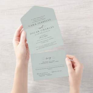 Formal elegant sage green classic wedding all in one invitation
