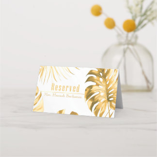Formal Elegant Trendy Gilded Gold Monstera Print Place Card