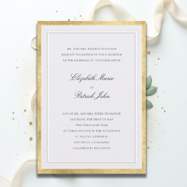 Formal Elevated Gold Pearl Modern Classic Wedding Invitation (formal traditional wedding invitation modern classic double frame ballroom black gold pearl white)