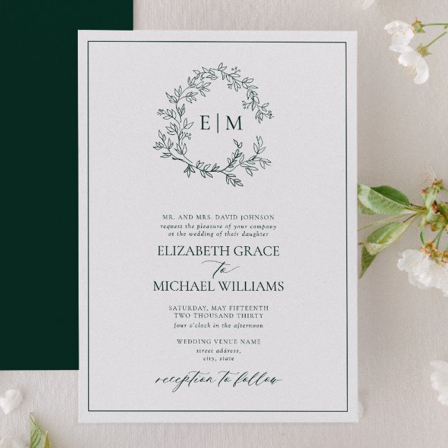Formal Emerald Green Leafy Crest Monogram Wedding Invitation (Creator Uploaded)