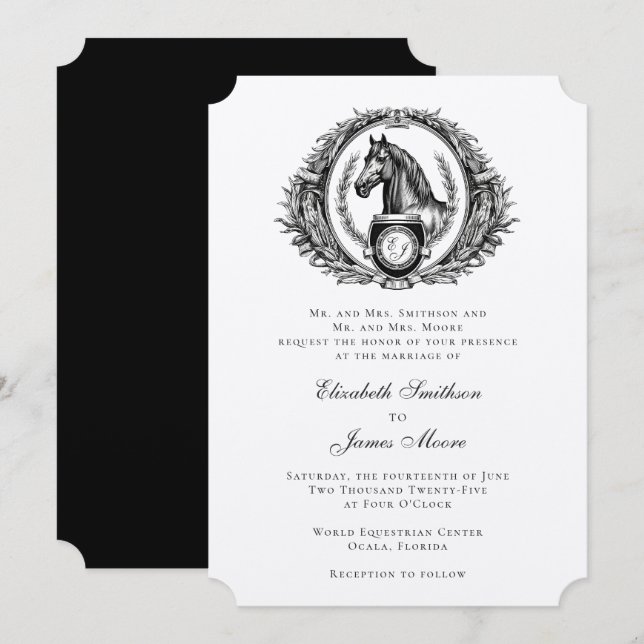 Formal Equestrian Horse Monogram Crest Wedding Invitation (Front/Back)