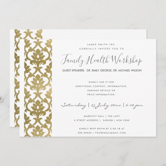 FORMAL FAUX GOLD WHITE DAMASK WORKSHOP EVENT INVITATION (Front/Back)