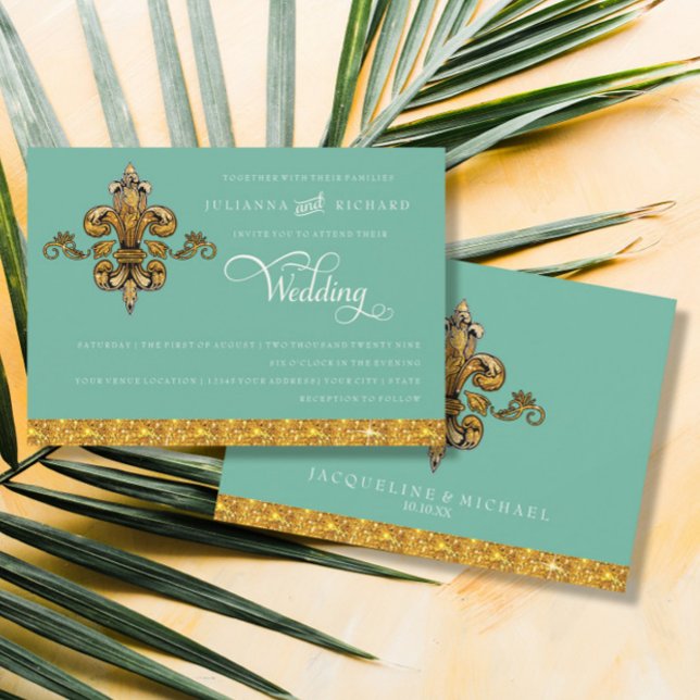 Formal Fleur de Lis Gold Turquoise Aqua Wedding Invitation (Creator Uploaded)