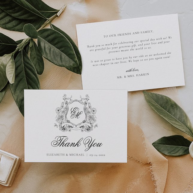 Formal Floral Crest Monogram Elegant Wedding Thank You Card (Creator Uploaded)