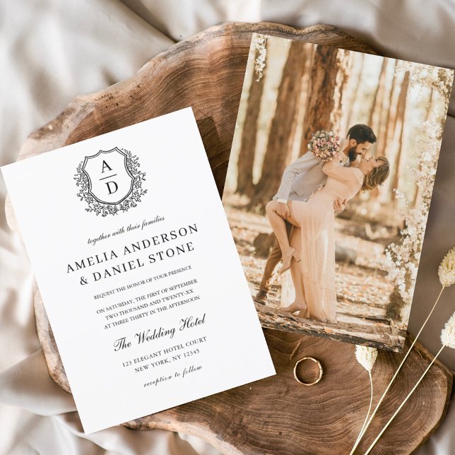 Formal Floral Crest Monogram Photo Wedding  Invitation (Creator Uploaded)