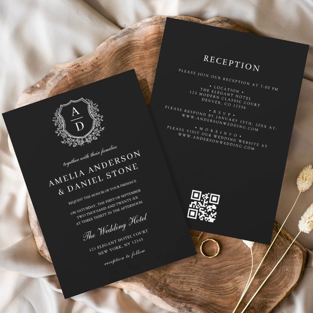 Formal Floral Crest Monogram Wedding QR Code Invitation (Creator Uploaded)