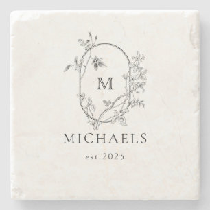 Formal Floral Crest Monogram Wedding Stone Coaster