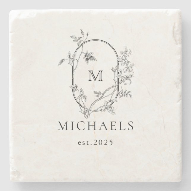 Formal Floral Crest Monogram Wedding  Stone Coaster (Front)