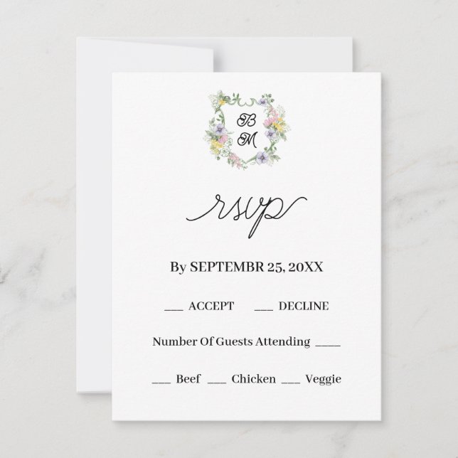 Formal Floral Monogram Crest Wedding RSVP Card (Front)