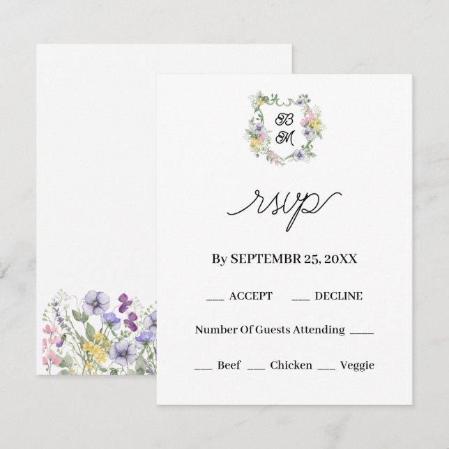 Formal Floral Monogram Crest Wedding RSVP Card (Front/Back)
