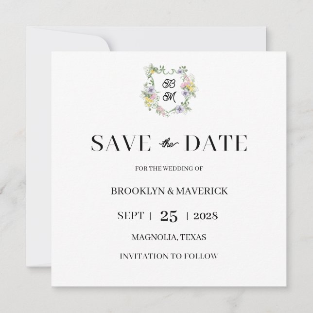 Formal Floral Monogram Crest Wedding Save The Date (Front)
