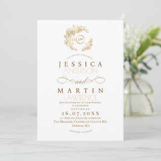 Formal Floral Monogram Gold Rose Wedding Invitation