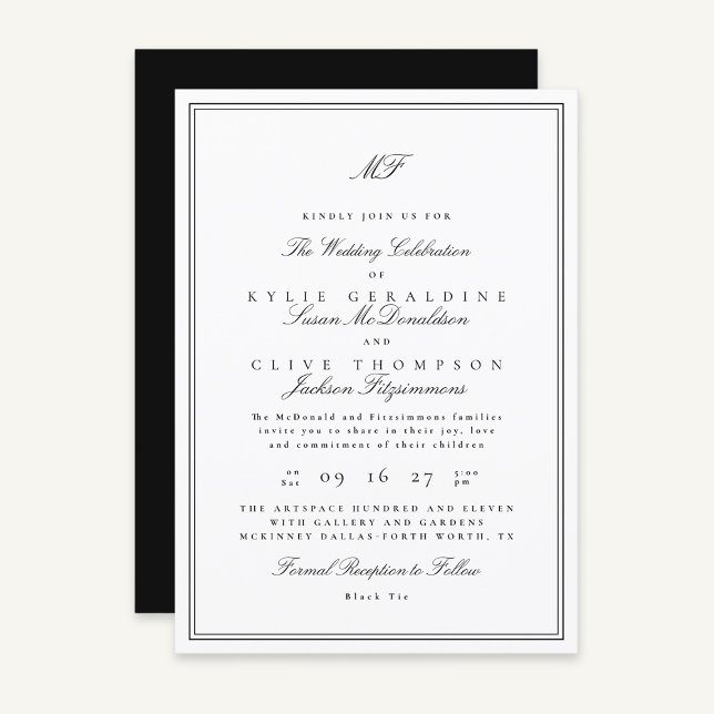Formal Framed Classic Monogram Black White Wedding Invitation (Creator Uploaded)