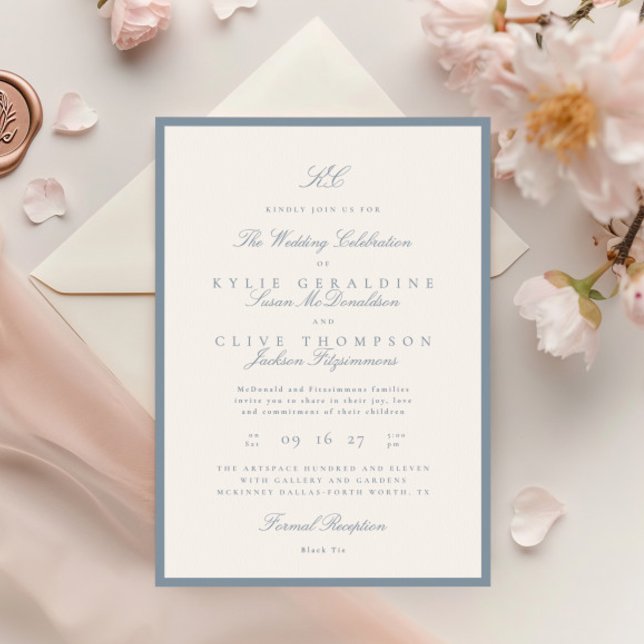 Formal Framed Classic Monogram Dusty Blue Wedding Invitation (Creator Uploaded)