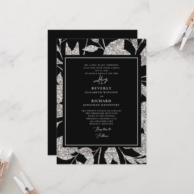 Formal Glamourous Black & Silver Wedding Invitation (Front/Back In Situ)