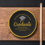 Formal Gold Black Graduation Party Personalised Paper Plate<br><div class="desc">These sophisticated gold and black graduation party paper plates feature elegant cursive script under a grad cap. Personalise this congratulations Class of 2025 graduate decor with chic serif typography for a formal senior celebration. Modern high school or college graduation party suite with a sleek round border.</div>