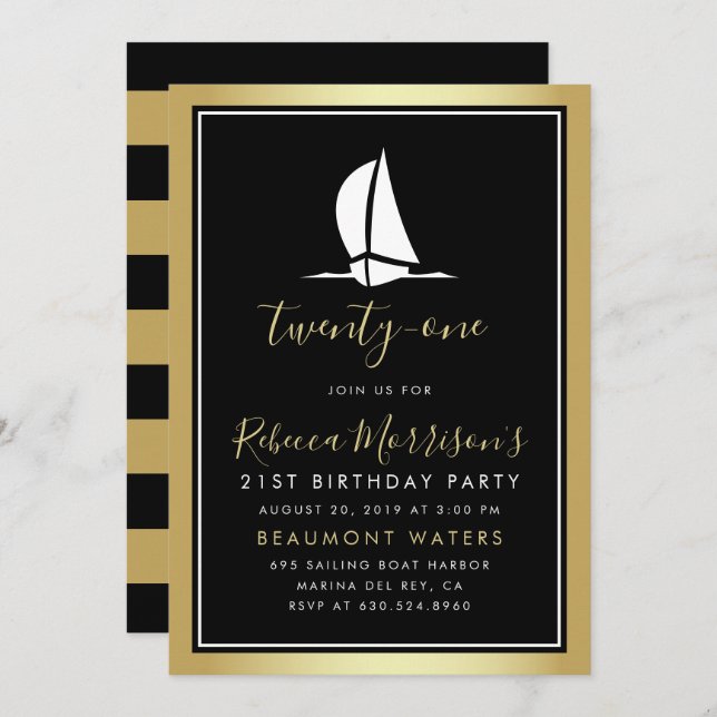 Formal Gold Black & White Sailing Boat Birthday Invitation (Front/Back)