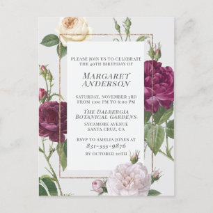 Formal Gold Border Painted Roses Birthday Party Invitation Postcard