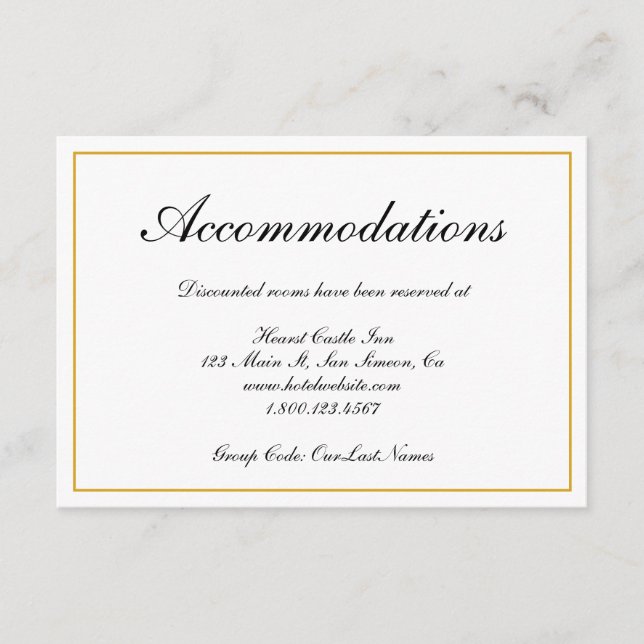 Formal Gold Border Wedding Accommodations Enclosure Card (Front)