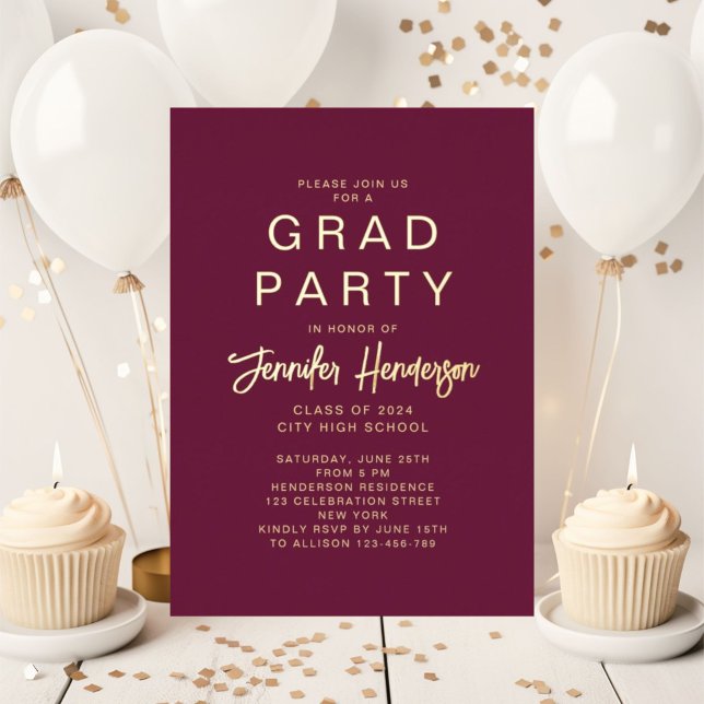 Formal Gold Burgundy Graduation Party (Formal Gold Burgundy Graduation Party Foil Invitation)