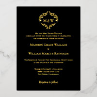 Formal Gold Foil Black Monogram Wreath Wedding