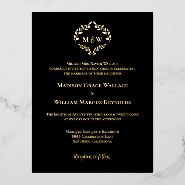 Formal Gold Foil Black Monogram Wreath Wedding Invitation Postcard (Front)