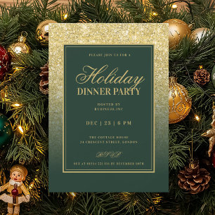 Formal Gold Glam FAUX Glitter Holiday Dinner Green Invitation