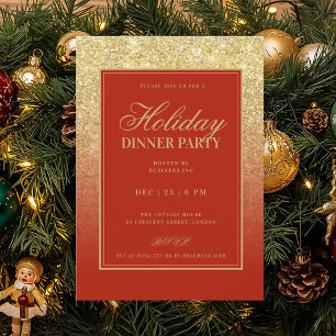 Formal Gold Glam FAUX Glitter Holiday Dinner Red  Invitation