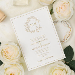 Formal Gold Leafy Crest Monogram Wedding Invitation