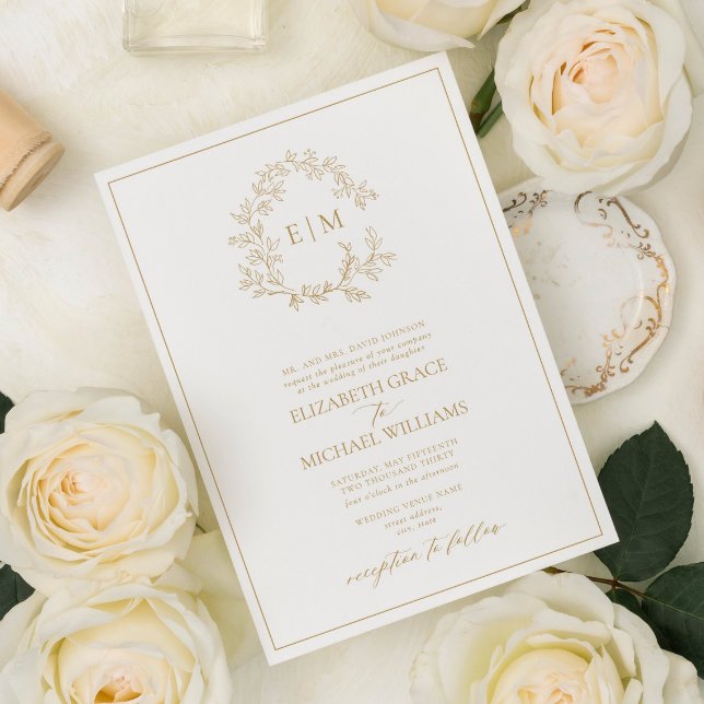 Formal Gold Leafy Crest Monogram Wedding Invitation (Creator Uploaded)
