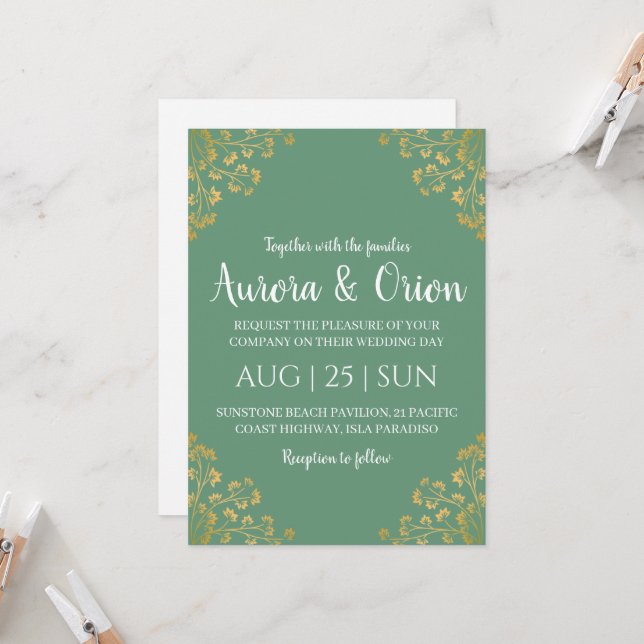 formal gold sage green wedding invitations (Front/Back In Situ)