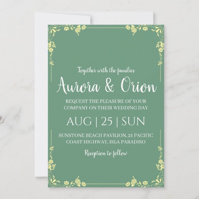 formal gold sage green wedding invitations (Front)