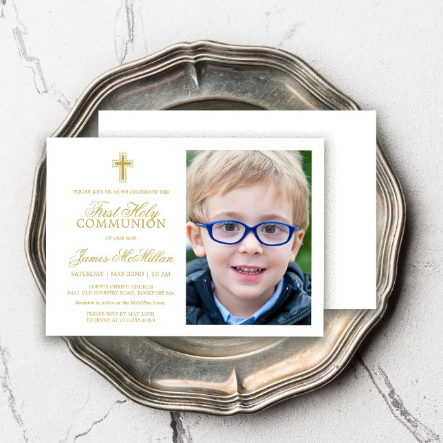 Formal Gold White First Communion Photo Boy Invitation (Creator Uploaded)