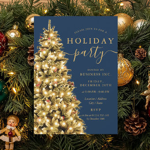 Formal Gold Xmas Tree Corporate Holiday Navy Blue  Invitation
