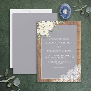 Formal Gray Rustic Wood Lace Script Wedding Invitation