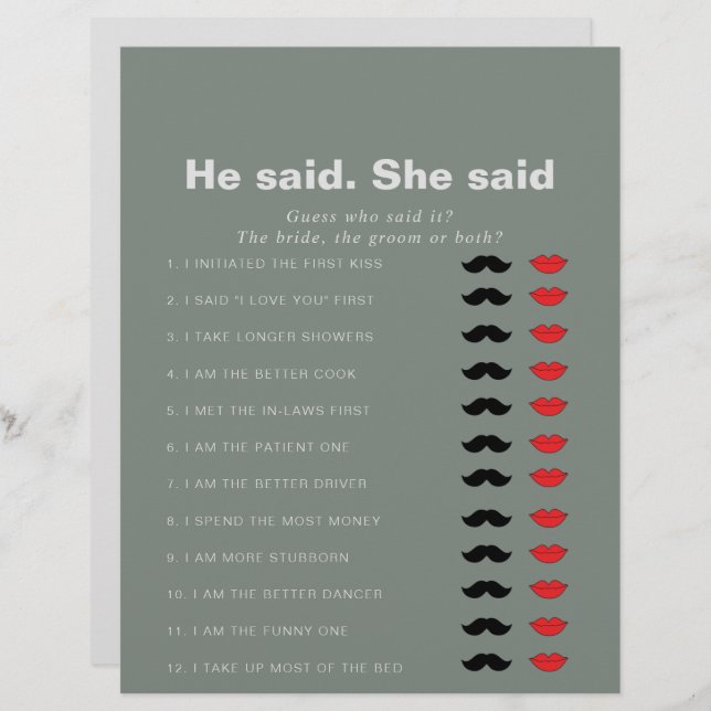 Formal Green He Said She Said Bridal Shower Game (Front/Back)