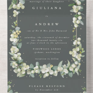 Formal Green Snowberry+Eucalyptus Winter Wedding All In One Invitation
