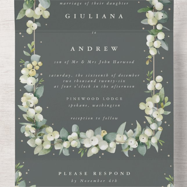 Formal Green Snowberry+Eucalyptus Winter Wedding All In One Invitation (Inside Middle)